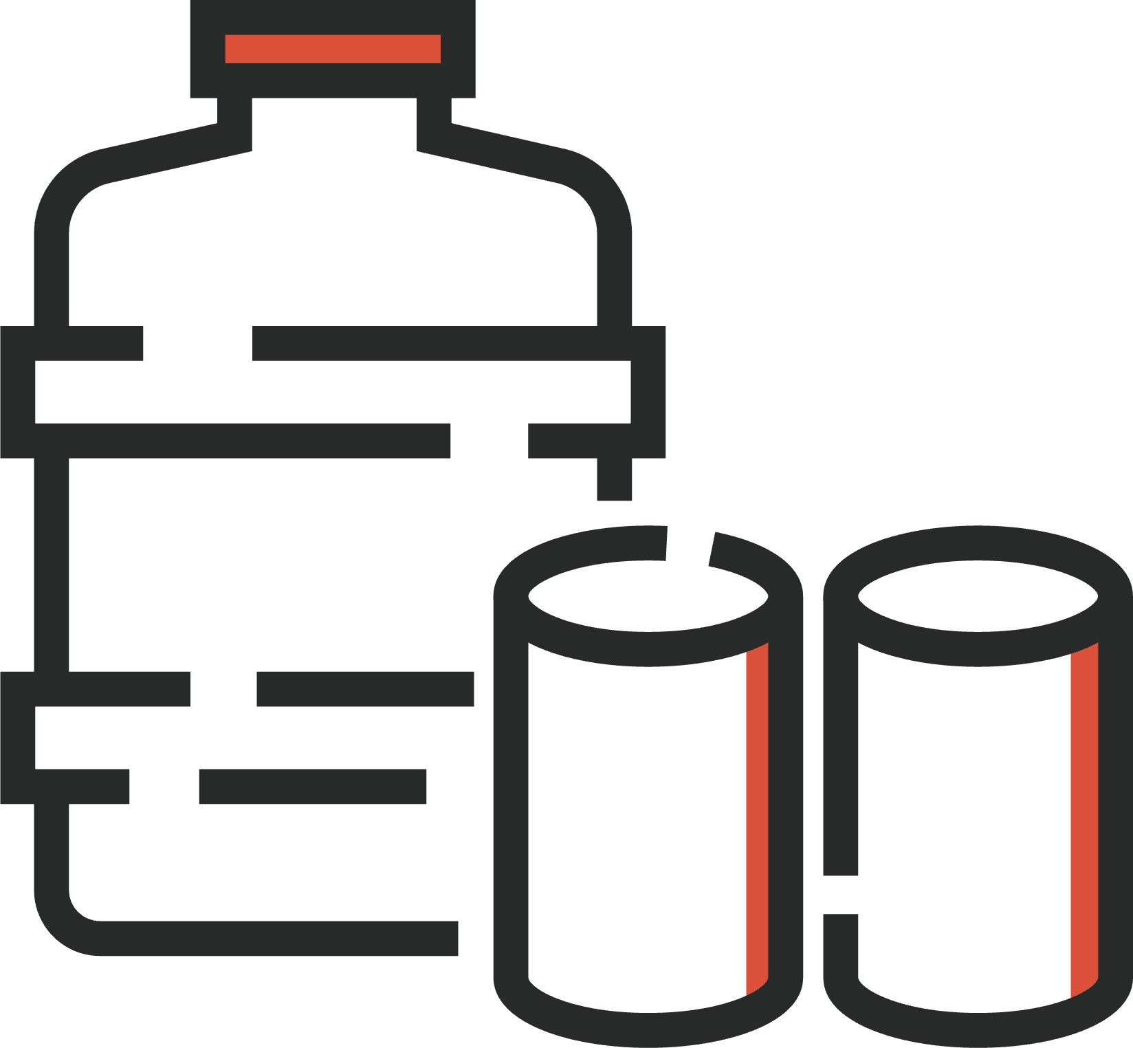 An icon depicting a large water jug next to two smaller cylindrical containers. The design features bold black outlines and red accents.