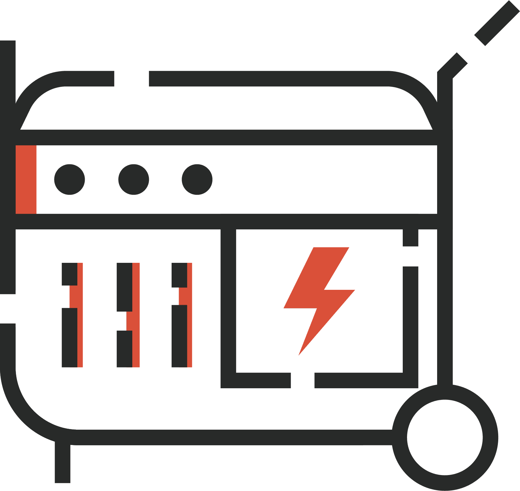 An illustration of a portable electric generator with wheels on the bottom right and a handle on the top right. The design features three control buttons and a lightning bolt symbol, representing electricity, with accents in red and black.