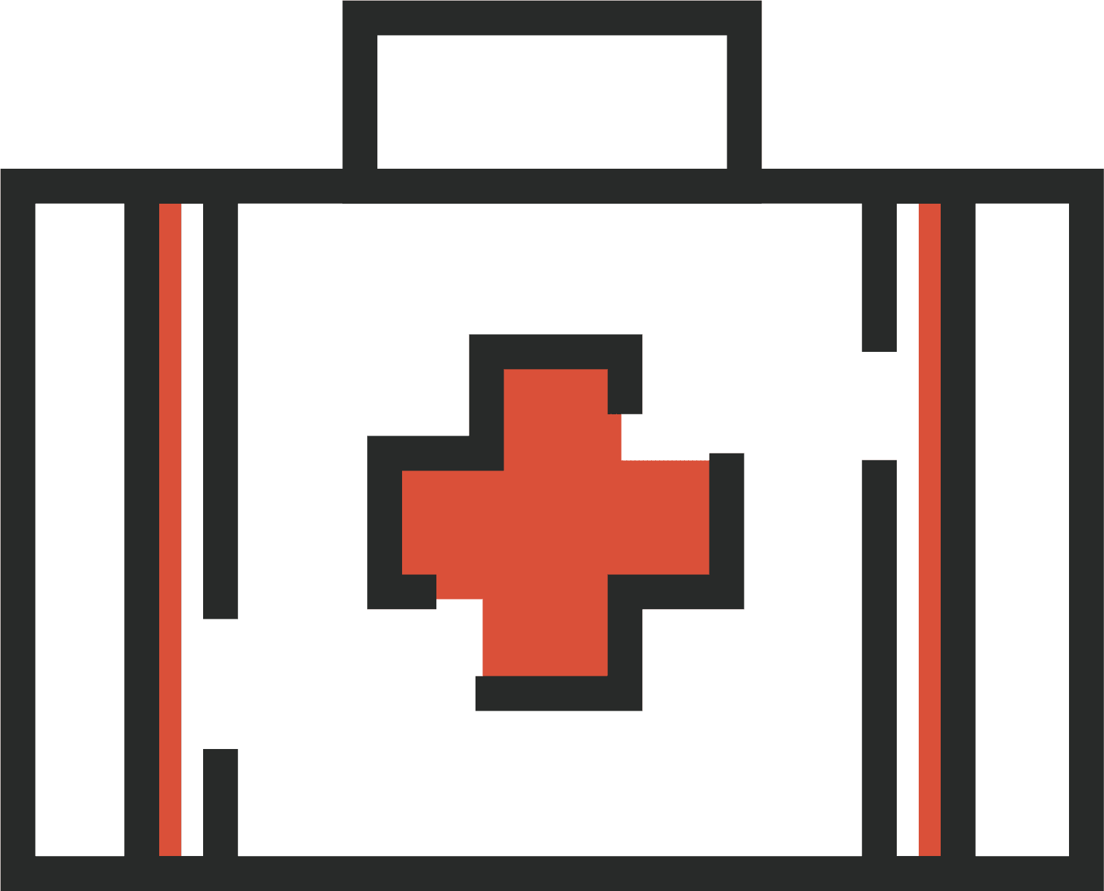 An icon of a green first aid kit with a black border and red cross in the center. The first aid kit has a handle on top and two vertical red stripes on either side of the cross.