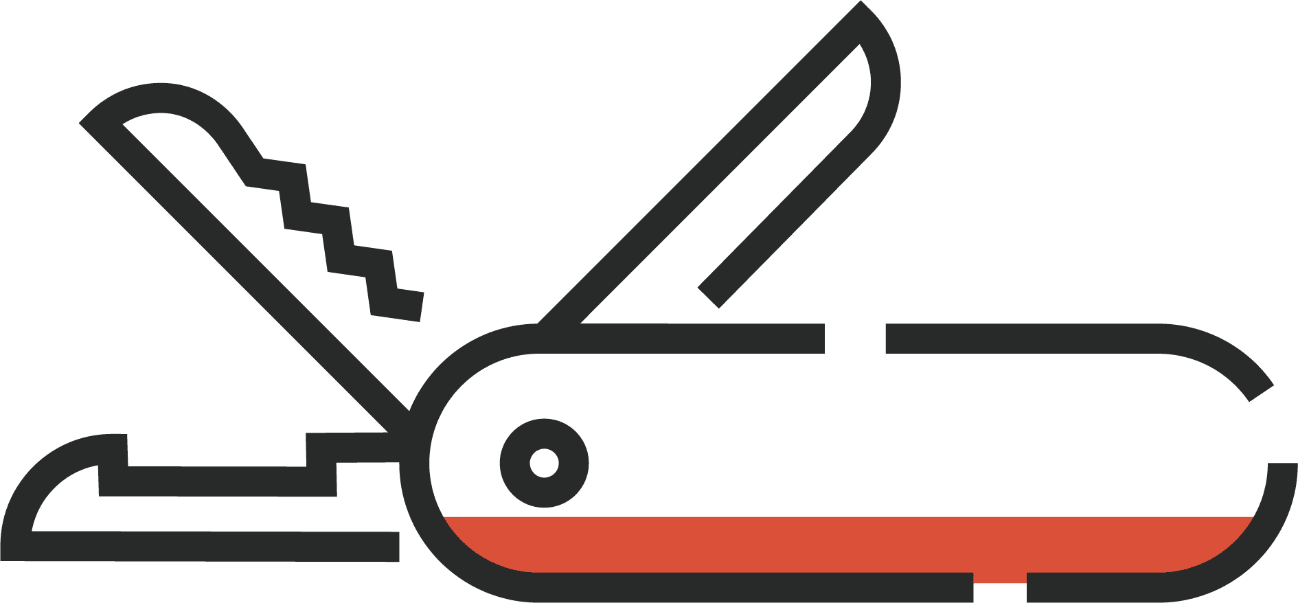 Black and red minimalist drawing of a Swiss Army knife featuring three tool blades: a serrated saw, a straight knife, and an undefined tool. The handle is black with a red bottom stripe.