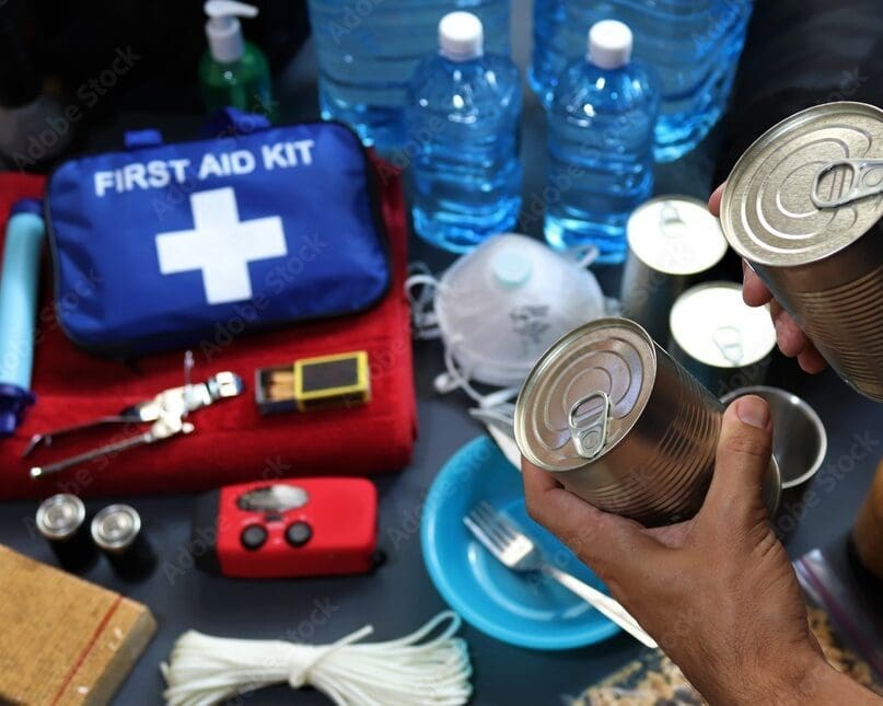 Two hands hold canned foods over a table filled with emergency supplies, including a first aid kit, bottled water, a face mask, canned goods, batteries, a flashlight, a whistle, and various other items necessary for emergency preparedness.